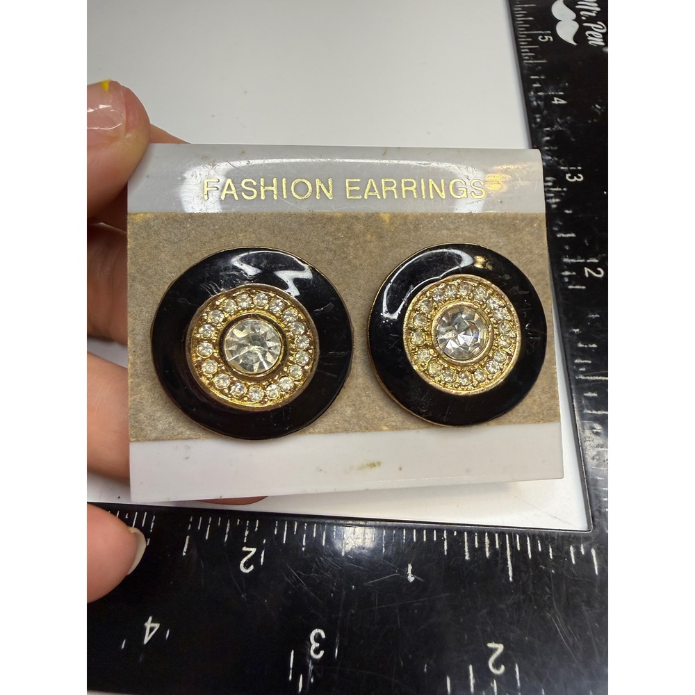 Vintage Black Enamel Rhinestone Button Earrings Gold Tone Round Studs 1 Inch